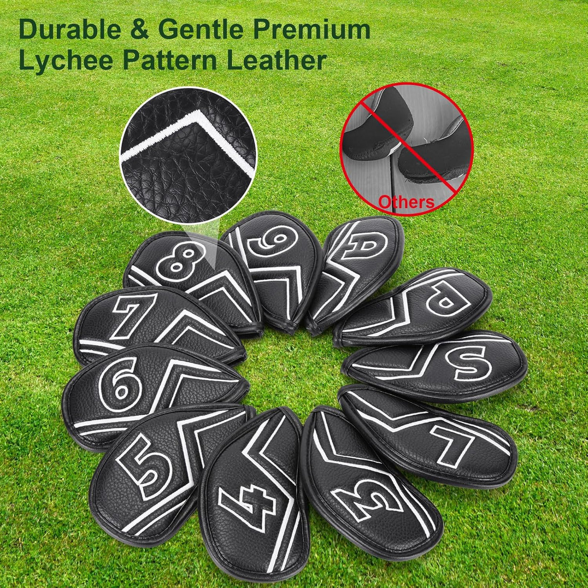 Welspo Magnetic Leather Golf Iron Head Covers 11 Pack Synthetic Leather Club Headcover, Embroidered Club Label on Both Sides of Golf Club Covers for Irons and Wedge, Universal Fit Main Iron Clubs