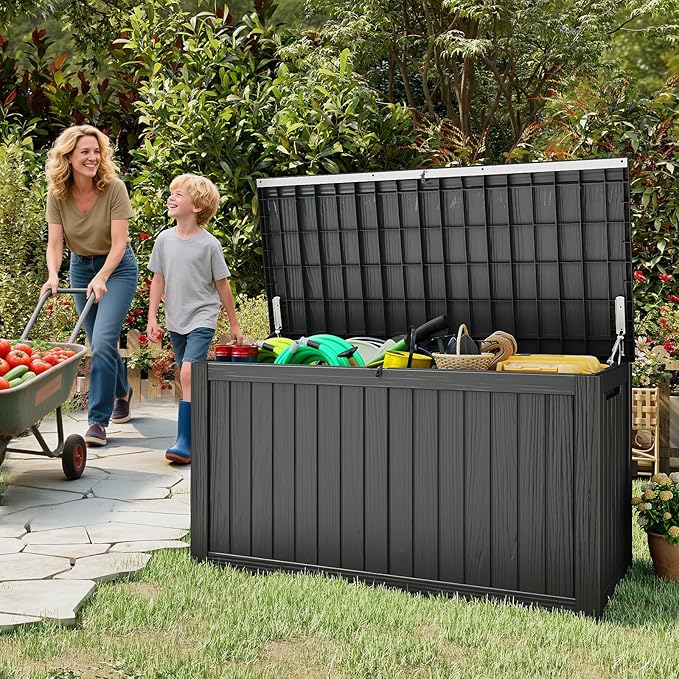 Outdoor Storage Box, 180 Gallon Waterproof Resin Deck Box, Storage Bin for Package Delivery, Patio Furniture Cushion, Garden Tools, Pool Accessories, Weatherproof and UV Resistant, Black