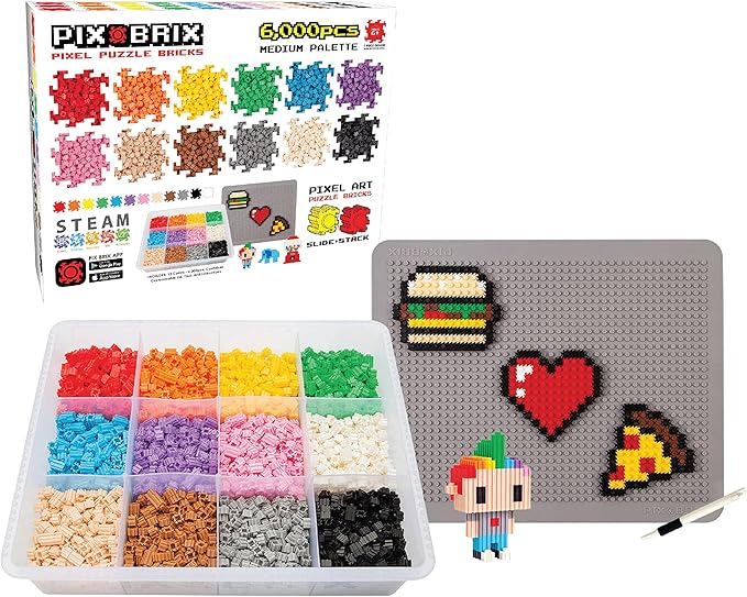 Pix Brix Pixel Art kit Puzzle Bricks - 6,000 Piece Pixel Art Container, 12 Color Medium Palette - Interlocking Building Bricks, Create 2D and 3D Builds Without Water or Glue - Stem Toys, Ages 6 Plus