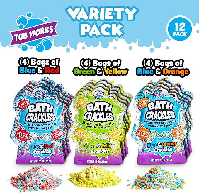 Tub Works® Bath Crackles Bath Toy, Variety 12 Pack | Nontoxic & Fragrance-Free | Makes Bath Water Crackle & Pop for a Unique Kids Bath | Swirl Water for Fizzy Fun | Sensory Kids & Toddler Bath Toys