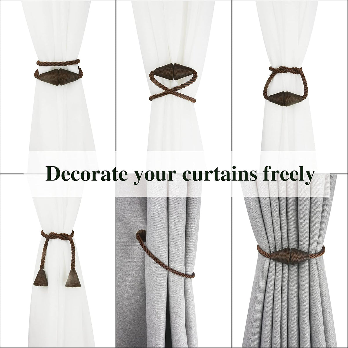 2 Pack Magnetic Curtain Tiebacks Rope Modern Handmade Curtain Tie Backs Decorative Drapes Weave Holdbacks for Window Décor, Coffee