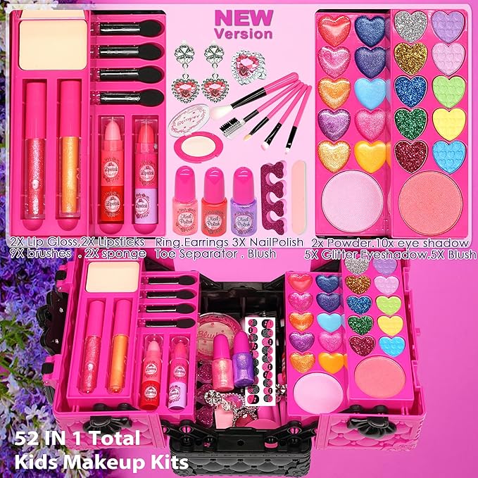 Kids Makeup Kit for Girl - 52 PCS Safe and Washable Makeup for Kids, Real Girls Makeup Kit, Toddler Makeup Kit with Cosmetic Case, Girls Toys Age 4-12, Princess Toys Birthday Gifts for Girls