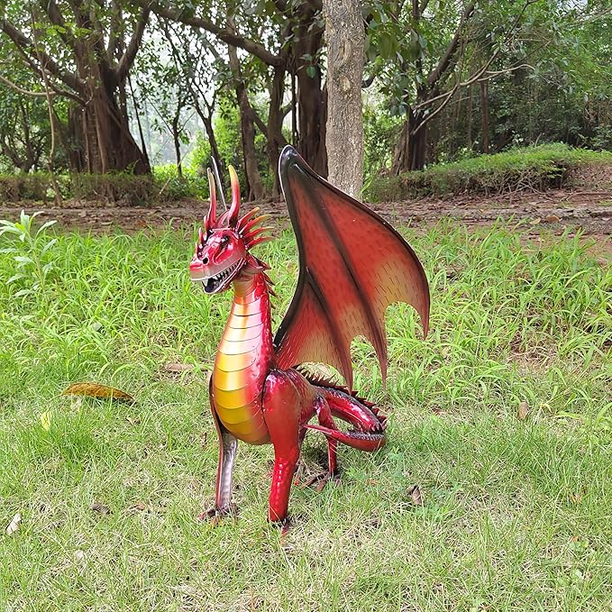 Decorative Red Dragon Figurine, Crackle The Dragon Statue, Patio Garden Porch Courtyard Decor