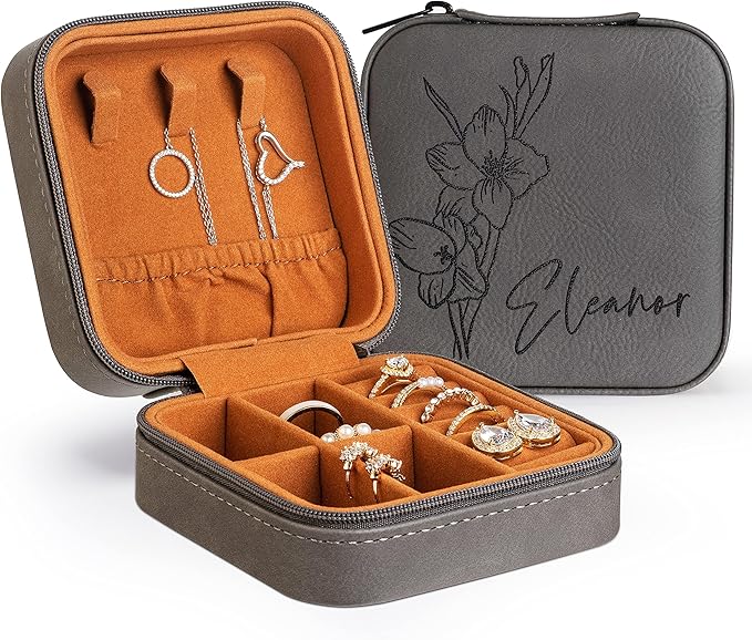 Custom Leather Jewelry Box w/Name & Birth Flower Month - Birthday Gifts for Women, Personalized Jewelry Travel Case - Customized Jewelry Organizer Box, Mom Birthday Gifts - Gray