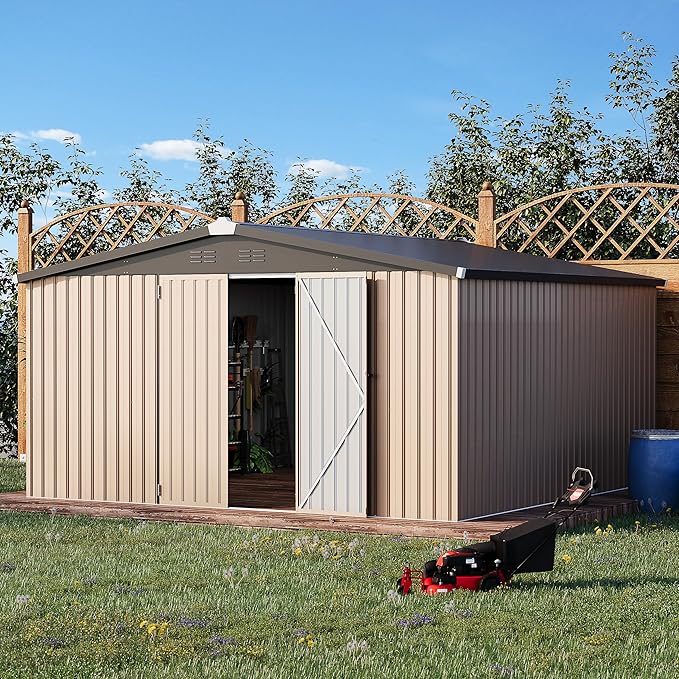 AECOJOY 12' x 12' Shed Metal, Outdoor Storage Sheds & Outdoor Storage 12' x 12' with Lockable Doors, Large Steel Yard Shed, Utility and Tool Storage for Garden, Backyard, Patio, Outside use in Grey