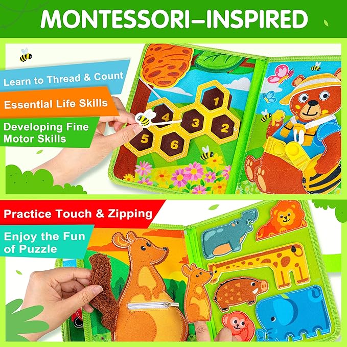Quanquer Animals Busy Book for Toddlers 1-3 – Montessori Sensory Toys Busy Board for 1 Year Old, Educational Learning Activity Book, Quiet Travel Toy for Car & Airplane, Birthday Gifts for Age 1 2 3