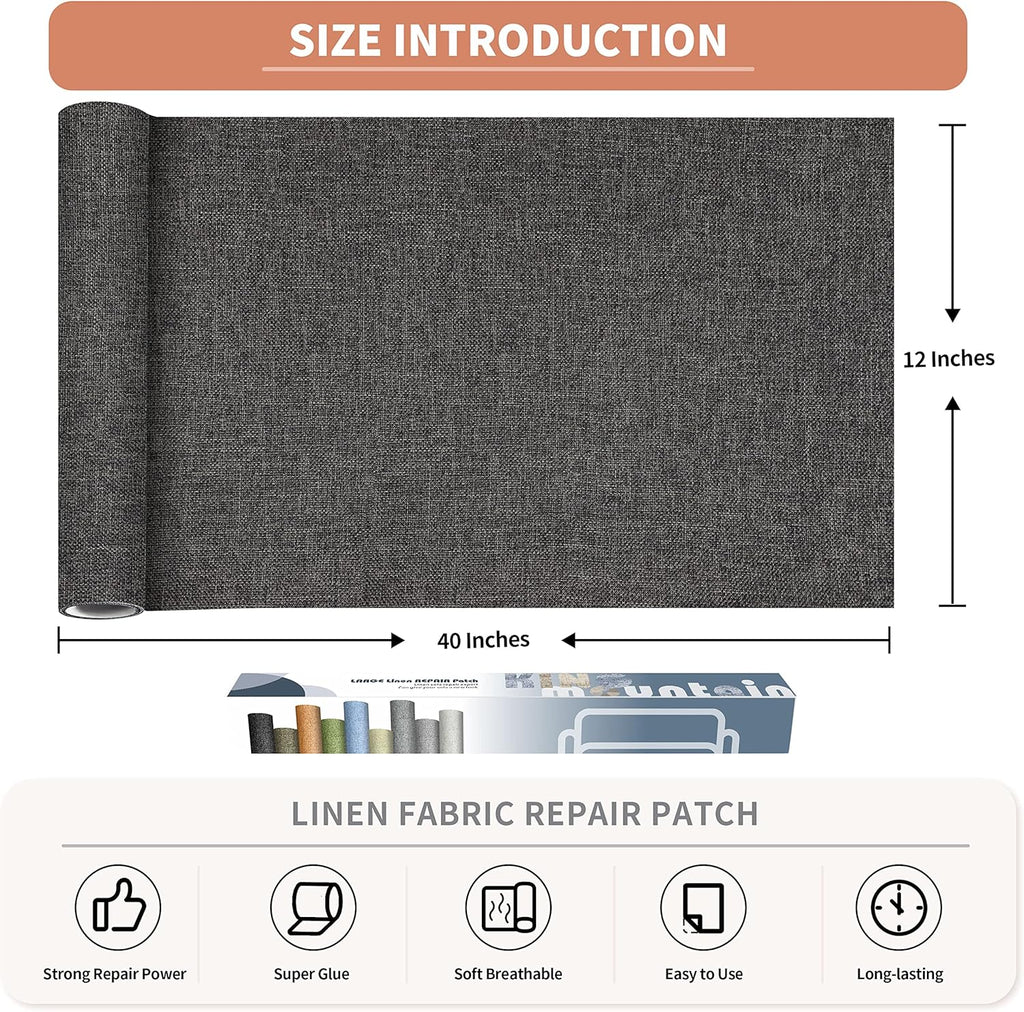 KING MOUNTAIN Fine Linen Repair Patches, Self-Adhesive Linen Fabric Patches, 12X40 inch Extra Size, Multi Color, Can be Used for Linen Sofa Repair and Linen Clothes Repair(12" x 40",Dark Grey 2.0)