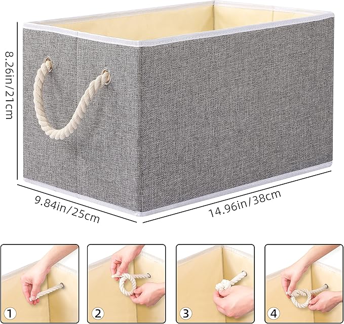 Yawinhe Foldable Fabric Storage Cubes 3-Pack, Collapsible Bins with Rope Handle, Large Closet Organizers for Shelves, Closets, Clothes, 14.96''Lx9.84''Wx8.26''H, Grey