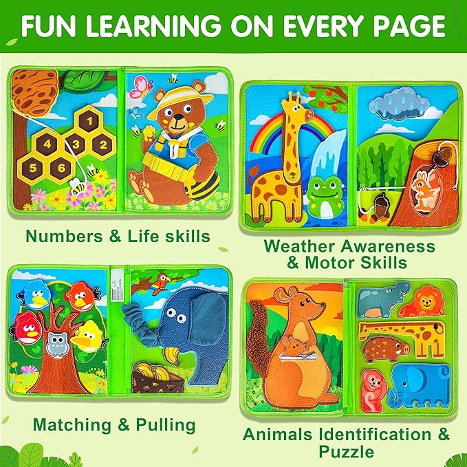 Quanquer Animals Busy Book for Toddlers 1-3 – Montessori Sensory Toys Busy Board for 1 Year Old, Educational Learning Activity Book, Quiet Travel Toy for Car & Airplane, Birthday Gifts for Age 1 2 3