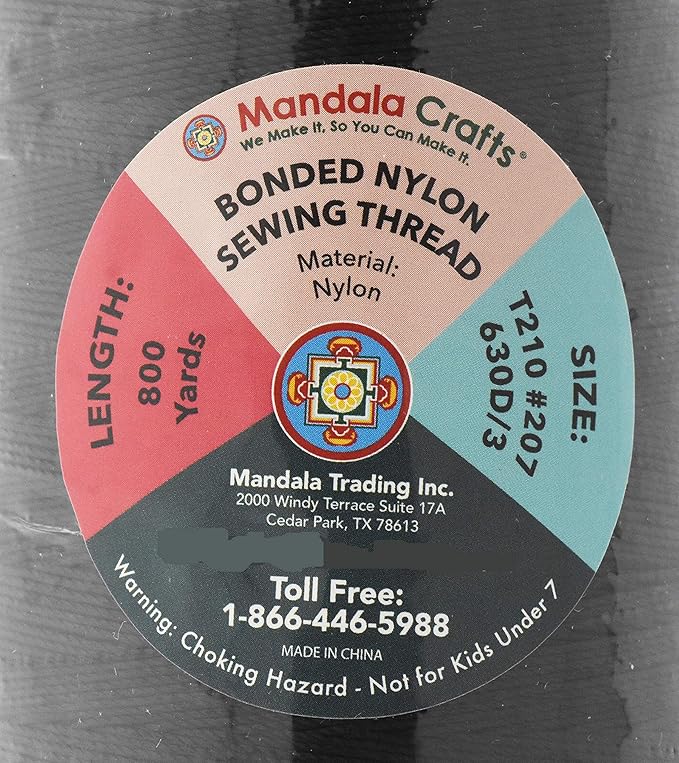 Mandala Crafts Bonded Nylon Thread Black Heavy Duty Sewing Threads - 800 YDs Size 207 630D T210 Tex 210 Thread for Leather Jeans Weaving Outdoor Marine Upholstery Threads